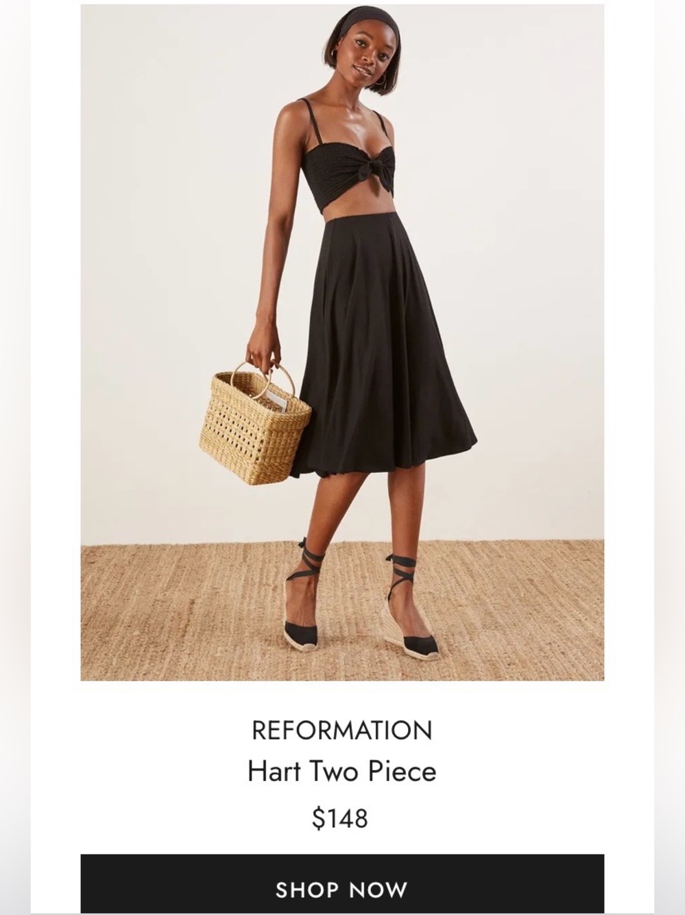 NWT! Reformation Hart Skirt Set in Black Knotted Crop Top & Midi Skirt Set